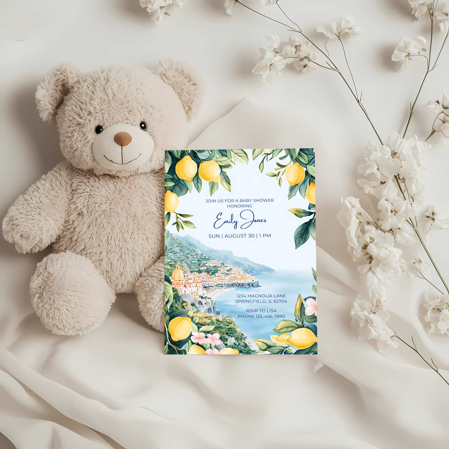 Baby Shower Invitation - Amalfi Coast Mediterranean Lemons Italy BS101