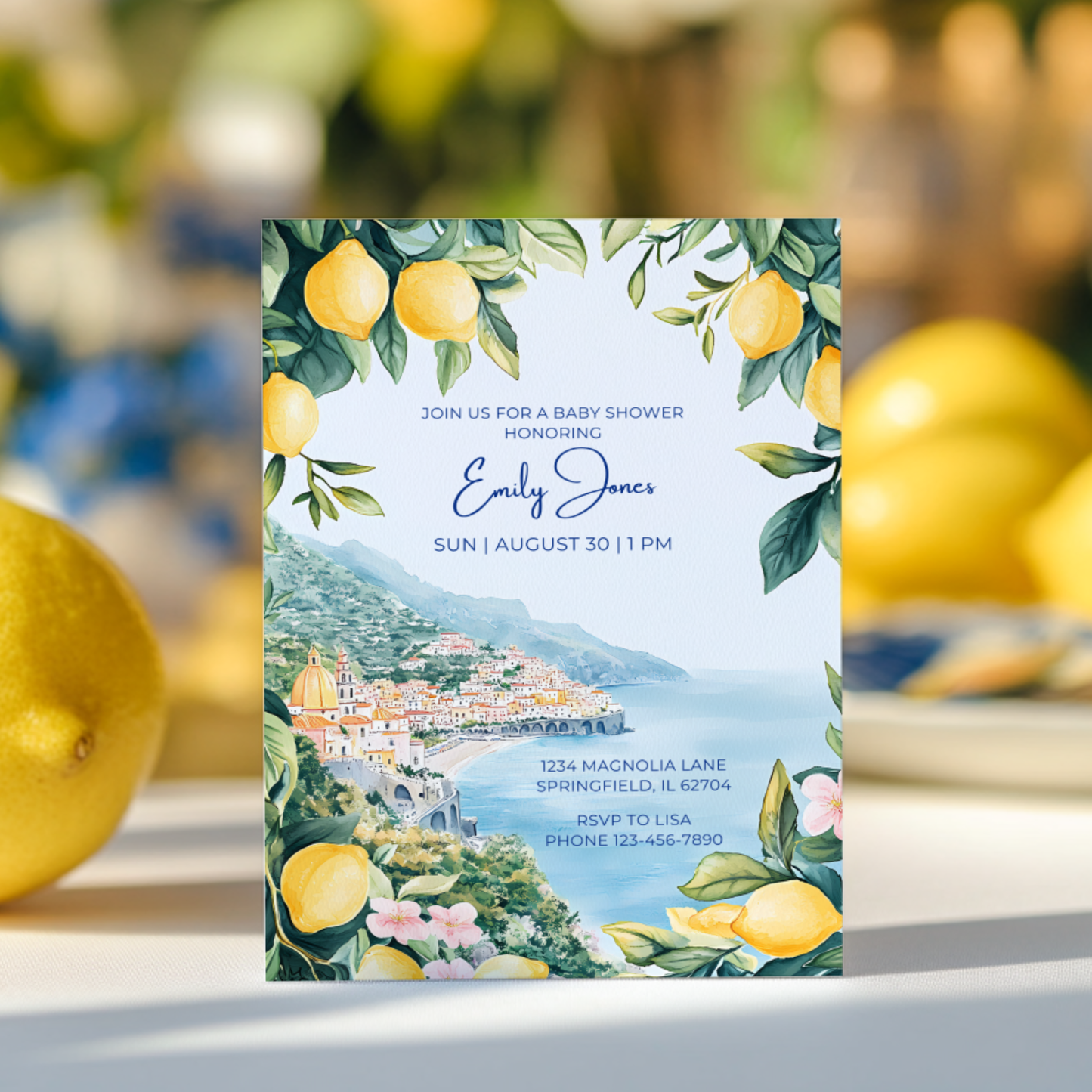 Baby Shower Invitation - Amalfi Coast Mediterranean Lemons Italy BS101