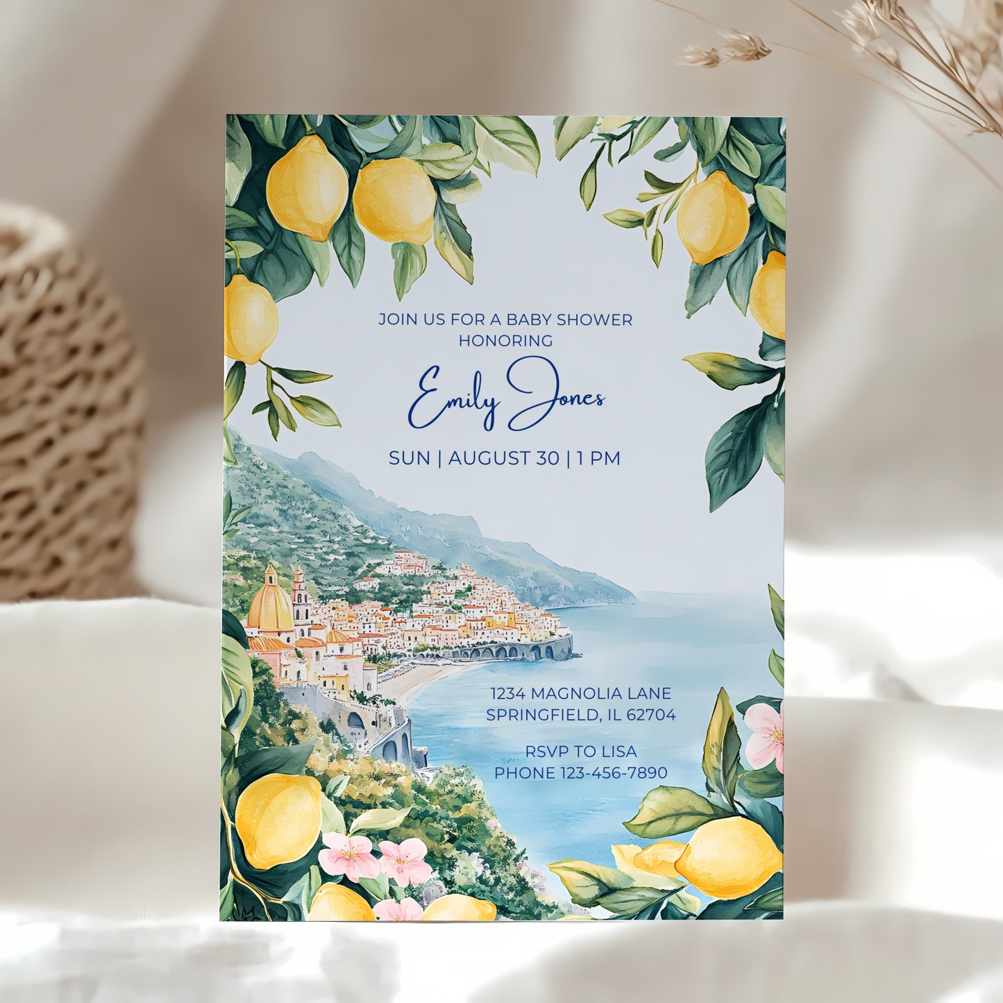 Baby Shower Invitation - Amalfi Coast Mediterranean Lemons Italy BS101