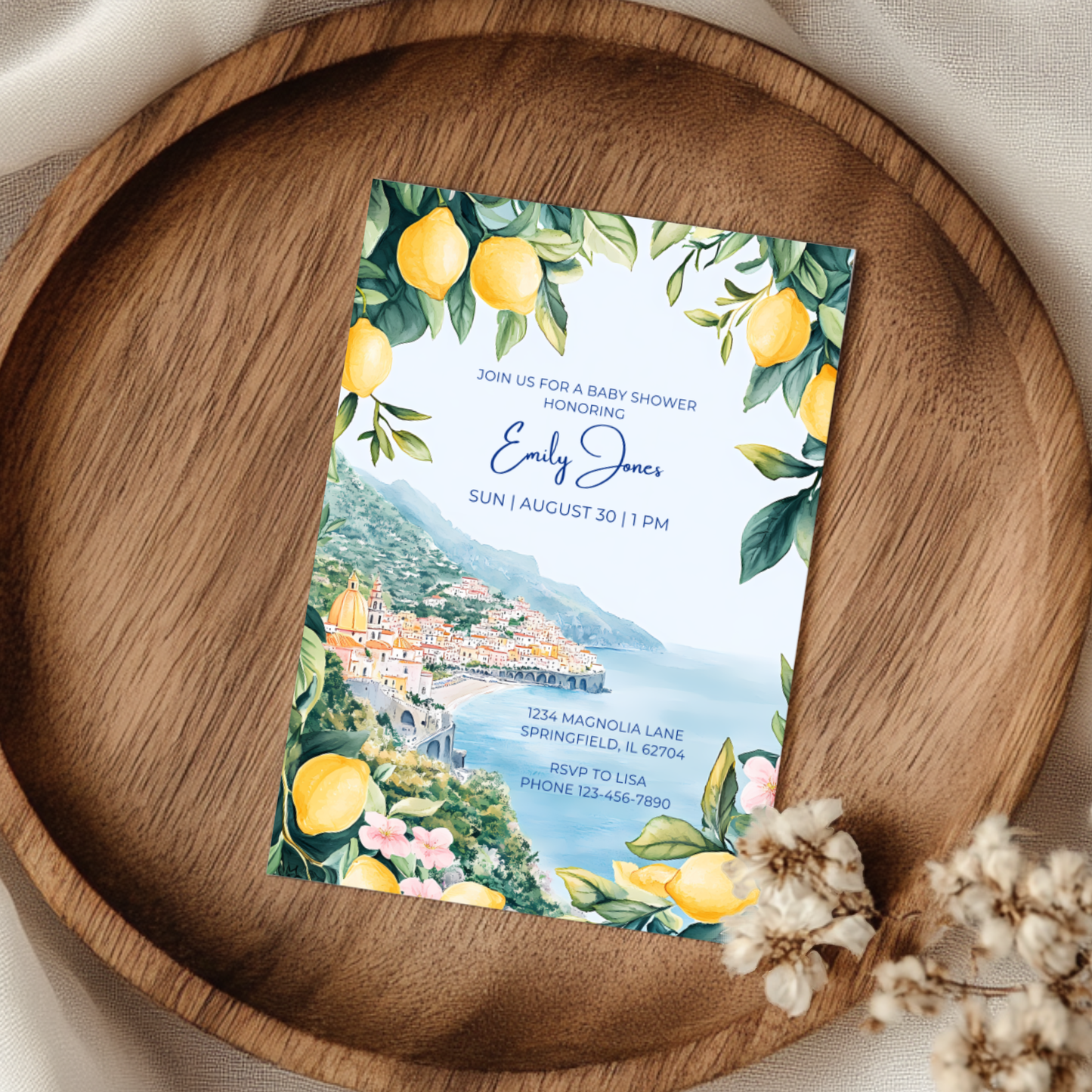 Baby Shower Invitation - Amalfi Coast Mediterranean Lemons Italy BS101
