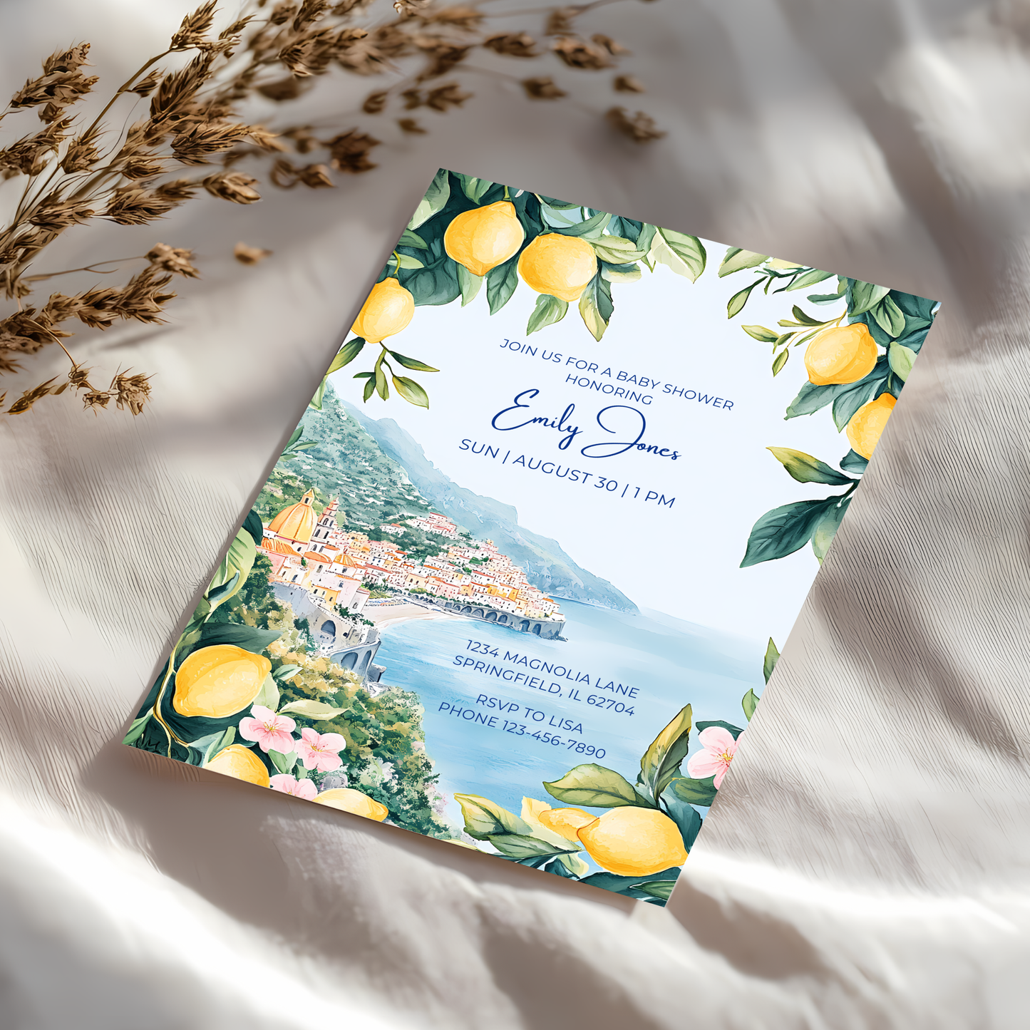 Baby Shower Invitation - Amalfi Coast Mediterranean Lemons Italy BS101