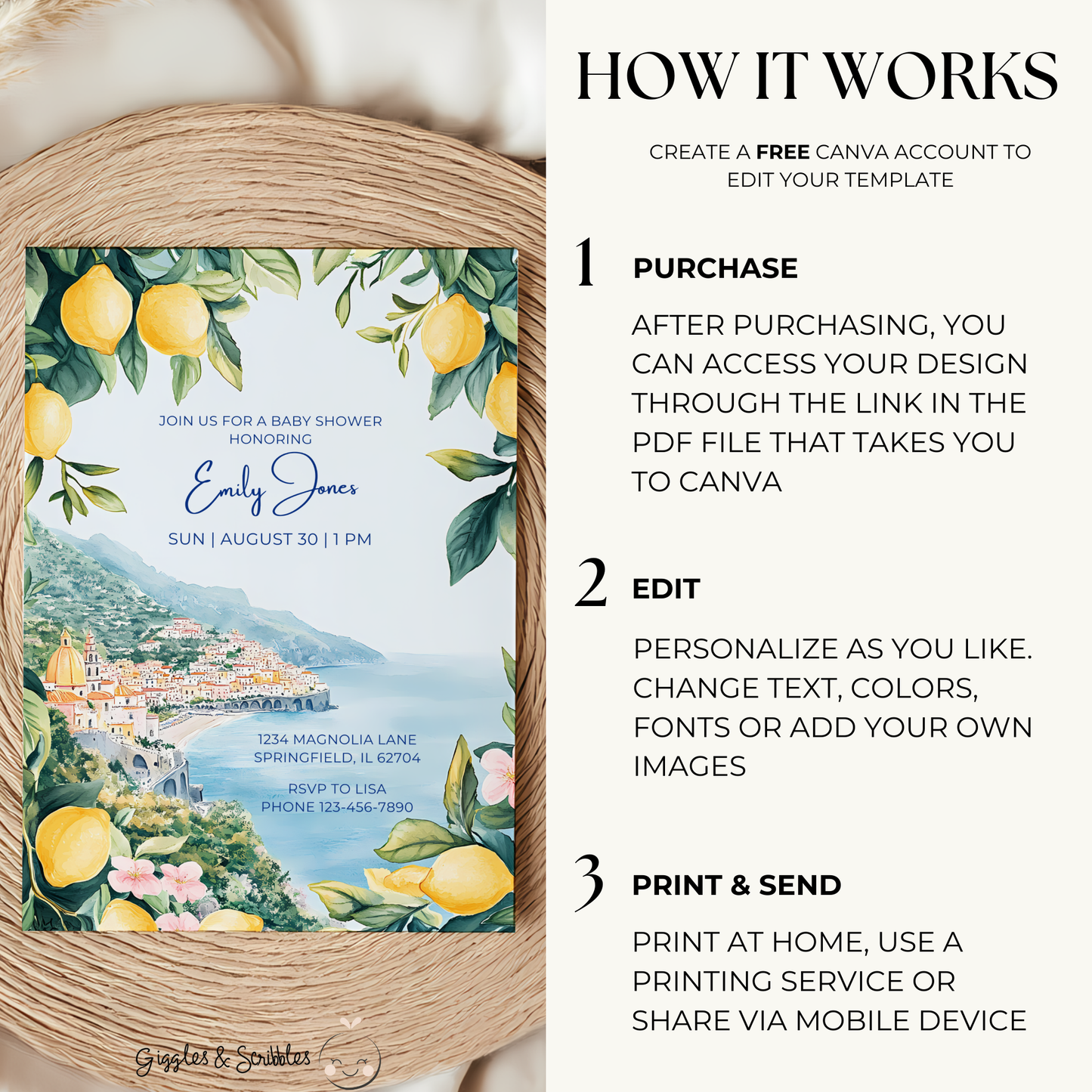 Baby Shower Invitation - Amalfi Coast Mediterranean Lemons Italy BS101