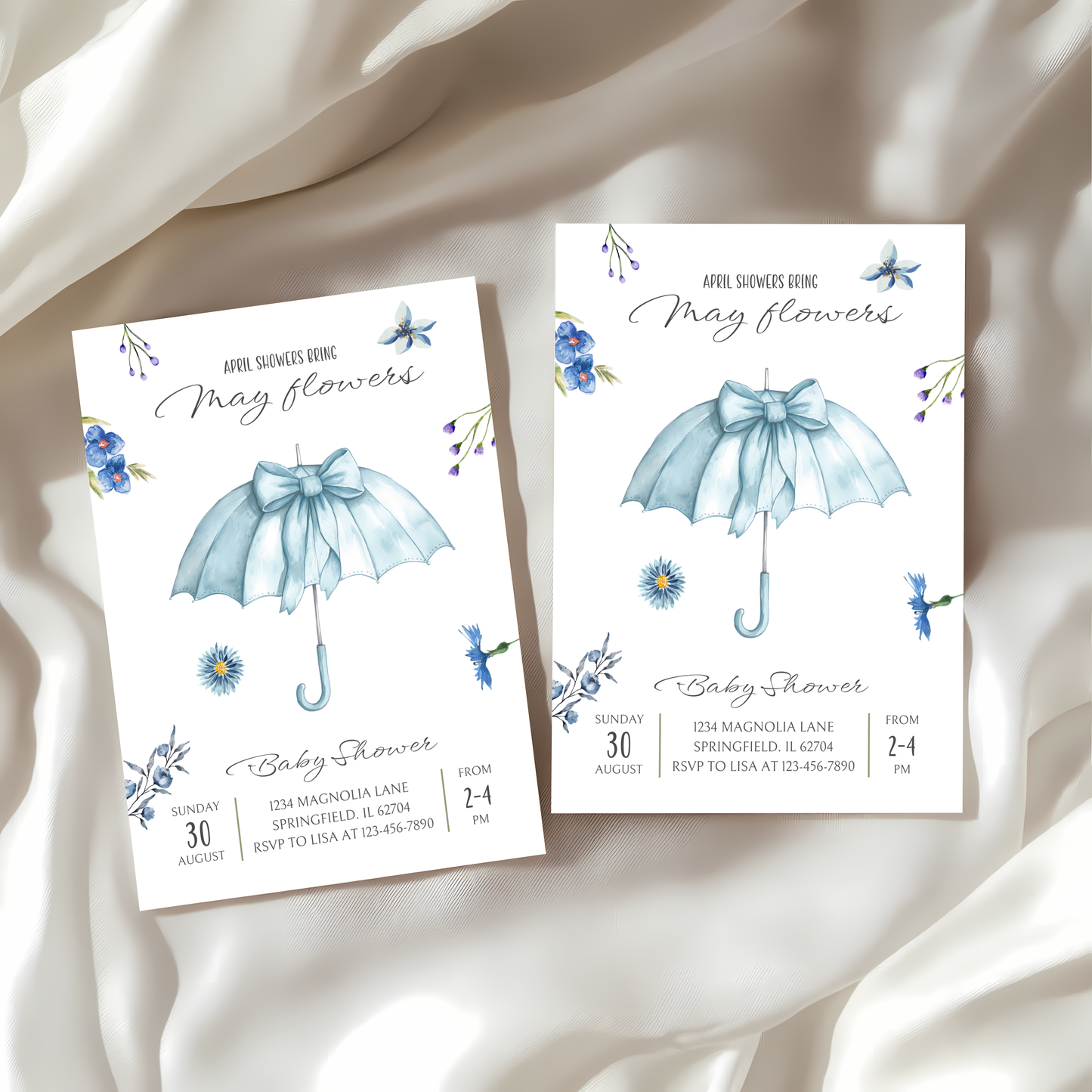 Baby Shower Invitation - April Showers Bring May Flowers Blue Umbrella with Wildflowers BS67