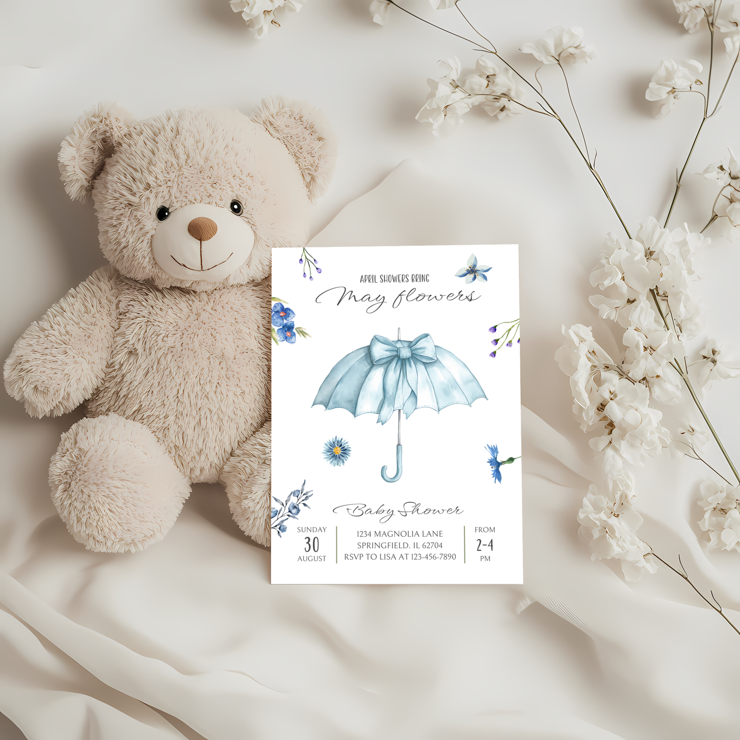 Baby Shower Invitation - April Showers Bring May Flowers Blue Umbrella with Wildflowers BS67