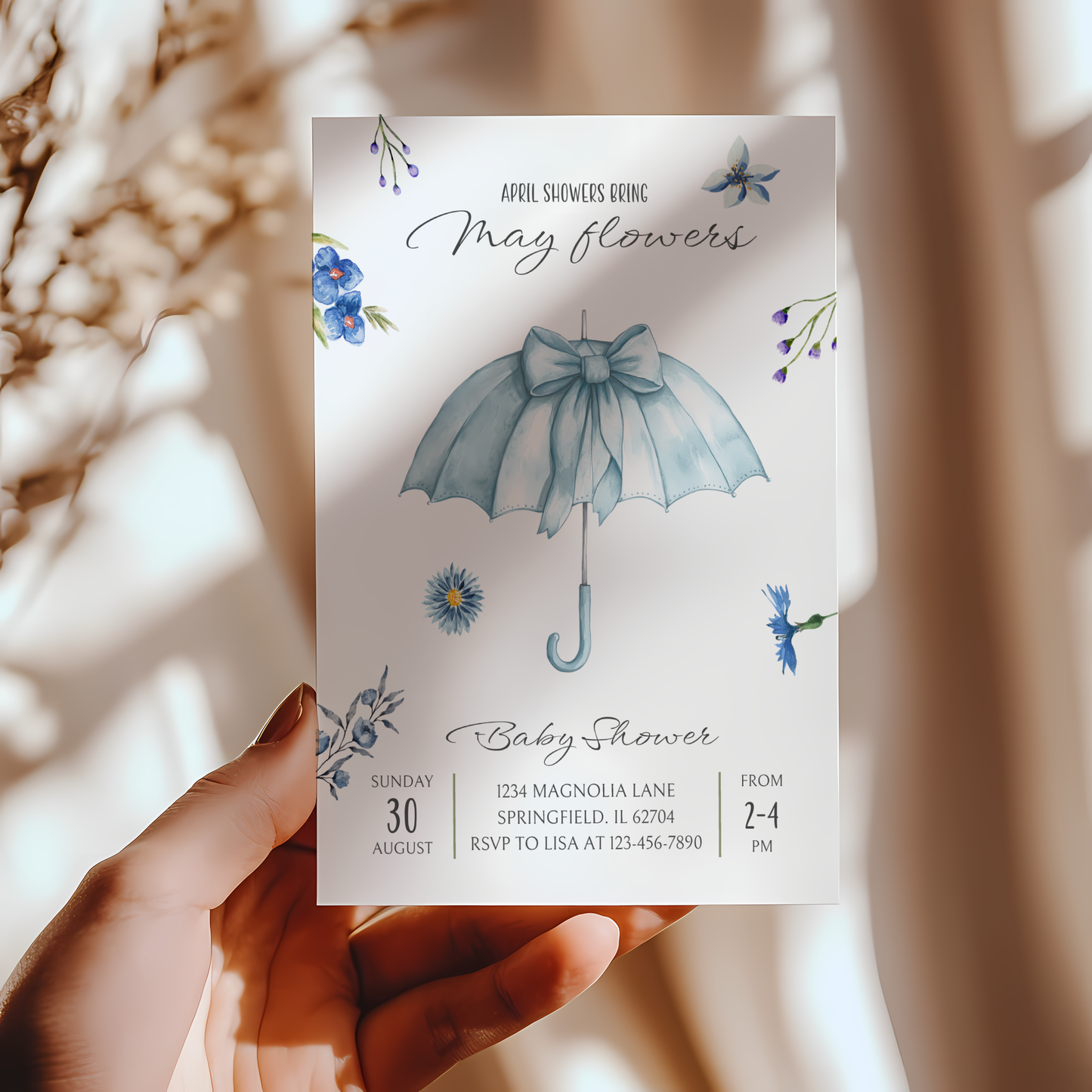 Baby Shower Invitation - April Showers Bring May Flowers Blue Umbrella with Wildflowers BS67