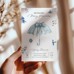 Baby Shower Invitation - April Showers Bring May Flowers Blue Umbrella with Wildflowers BS67