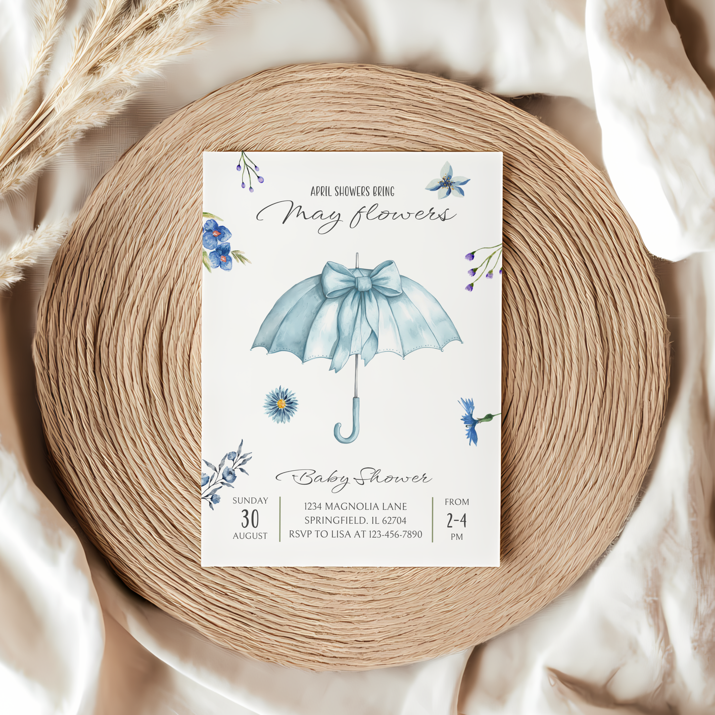 Baby Shower Invitation - April Showers Bring May Flowers Blue Umbrella with Wildflowers BS67