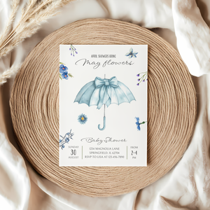 Baby Shower Invitation - April Showers Bring May Flowers Blue Umbrella with Wildflowers BS67