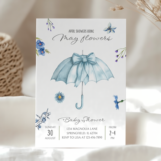 Baby Shower Invitation - April Showers Bring May Flowers Blue Umbrella with Wildflowers BS67