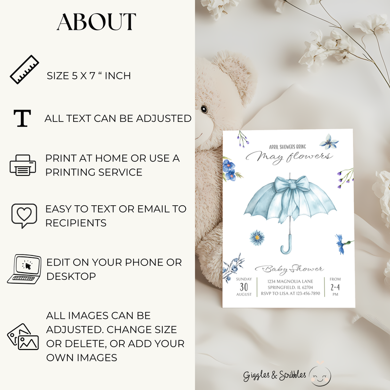 Baby Shower Invitation - April Showers Bring May Flowers Blue Umbrella with Wildflowers BS67