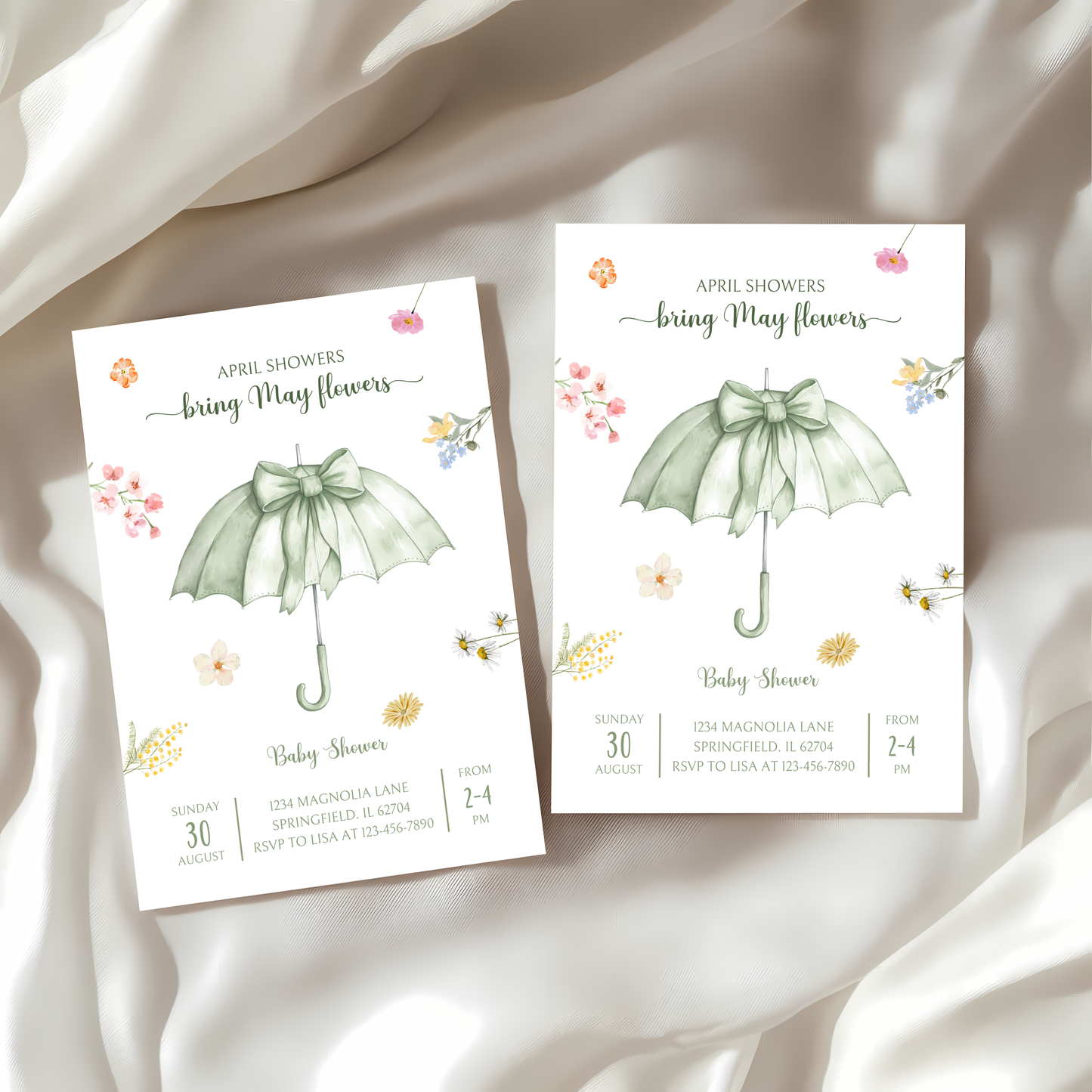 Baby Shower Invitation - April Showers Bring May Flowers Green Umbrella with Wildflowers BS68