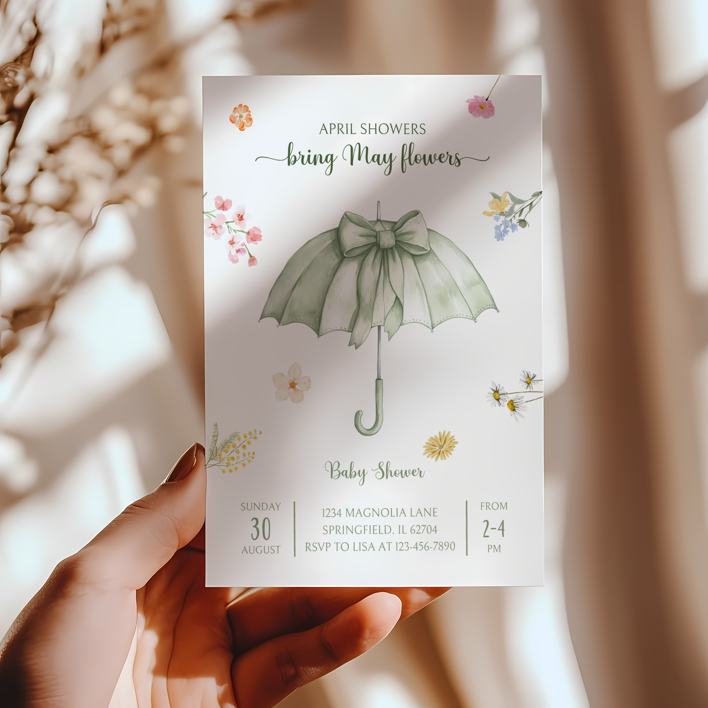 Baby Shower Invitation - April Showers Bring May Flowers Green Umbrella with Wildflowers BS68
