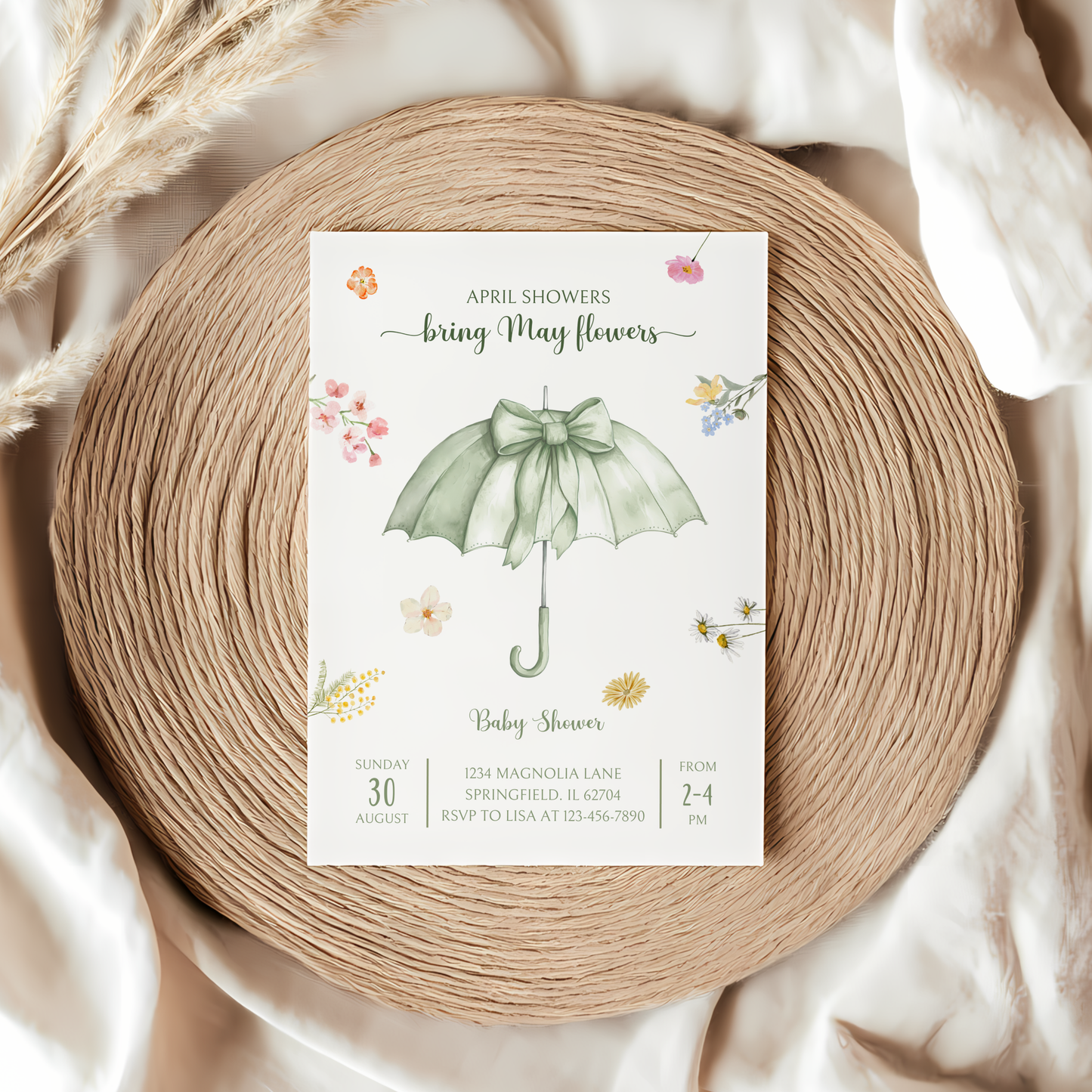 Baby Shower Invitation - April Showers Bring May Flowers Green Umbrella with Wildflowers BS68