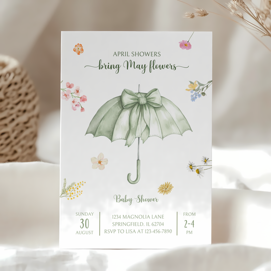 Baby Shower Invitation - April Showers Bring May Flowers Green Umbrella with Wildflowers BS68