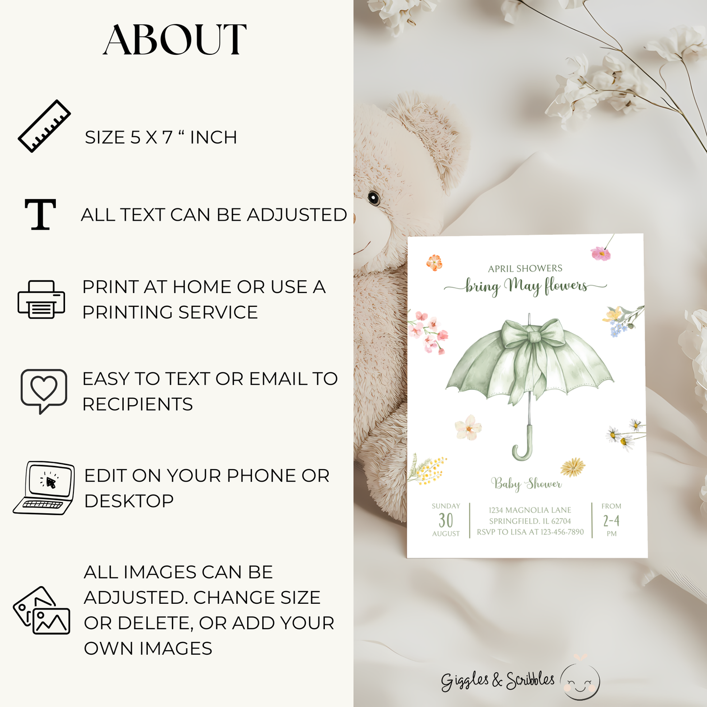 Baby Shower Invitation - April Showers Bring May Flowers Green Umbrella with Wildflowers BS68