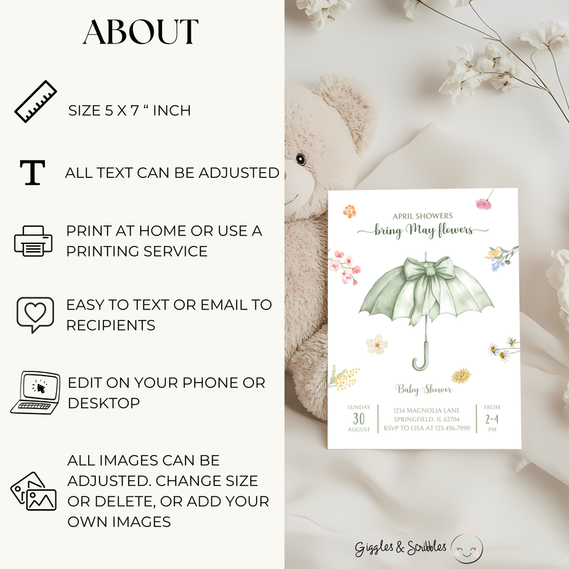 Baby Shower Invitation - April Showers Bring May Flowers Green Umbrella with Wildflowers BS68