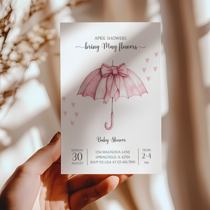 Baby Shower Invitation - April Showers Bring May Flowers Pink Bow Umbrella BS69