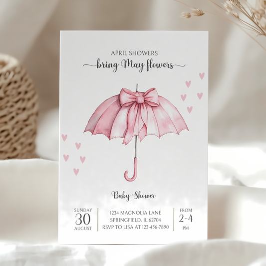 Baby Shower Invitation - April Showers Bring May Flowers Pink Bow Umbrella BS69