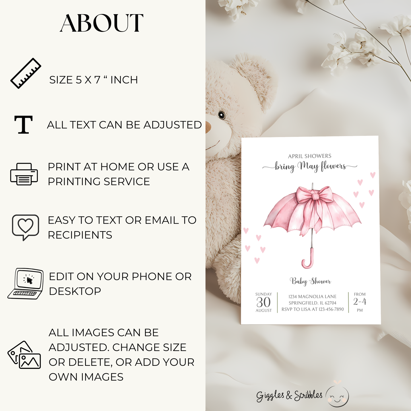 Baby Shower Invitation - April Showers Bring May Flowers Pink Bow Umbrella BS69