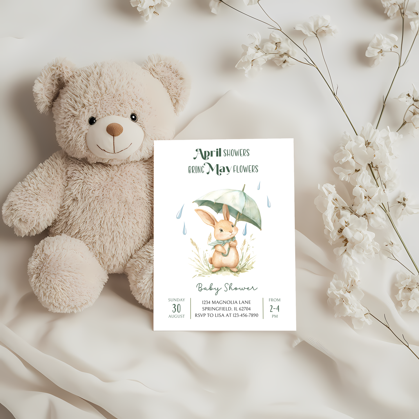 Baby Shower Invitation - April Showers Bring May Flowers with Bunny BS66
