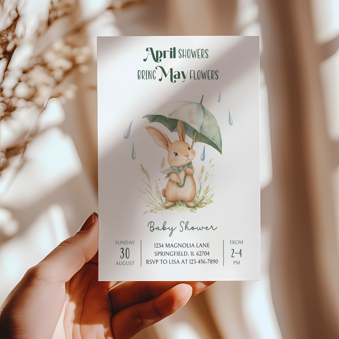 Baby Shower Invitation - April Showers Bring May Flowers with Bunny BS66