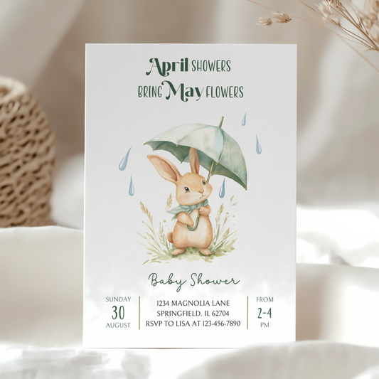 Baby Shower Invitation - April Showers Bring May Flowers with Bunny BS66