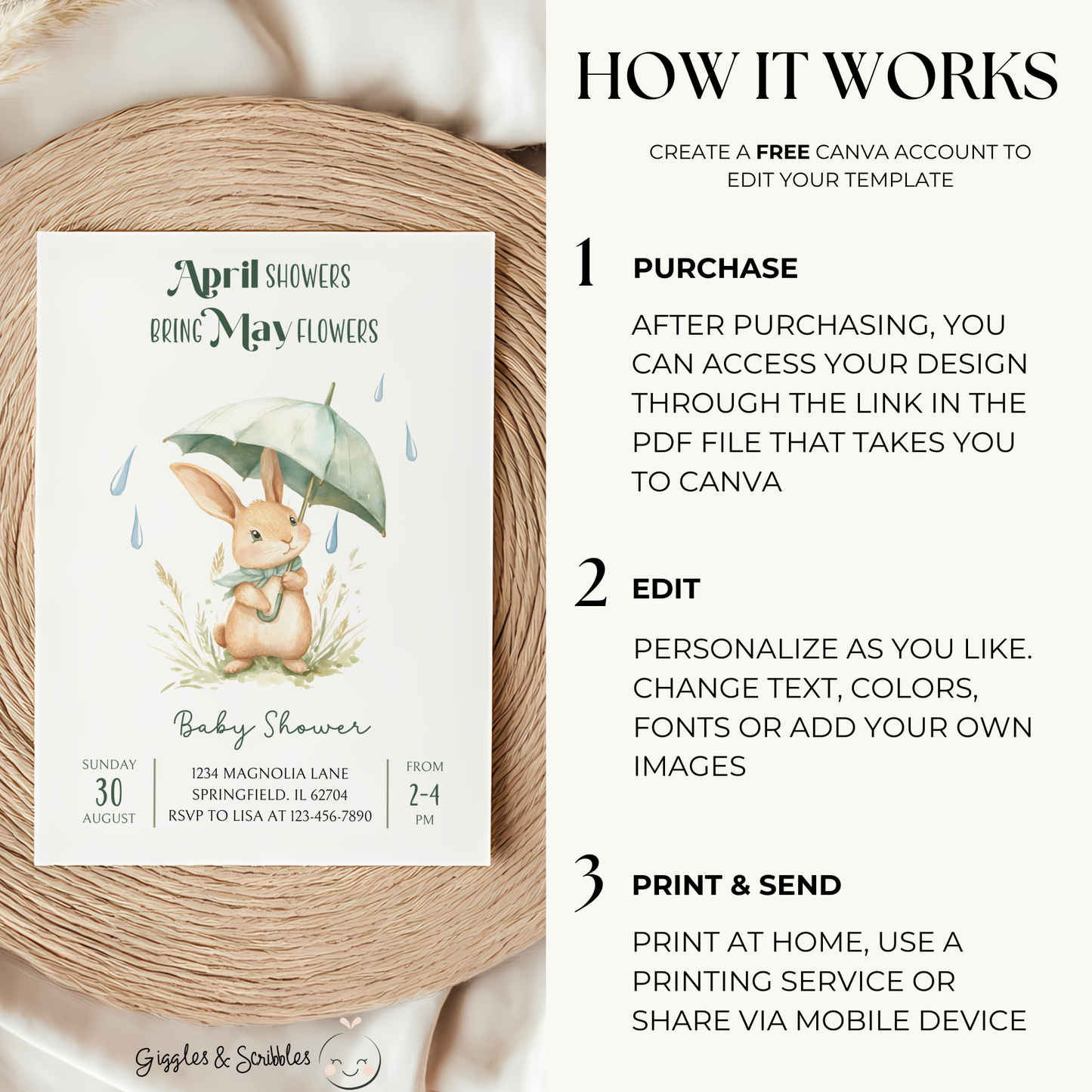 Baby Shower Invitation - April Showers Bring May Flowers with Bunny BS66