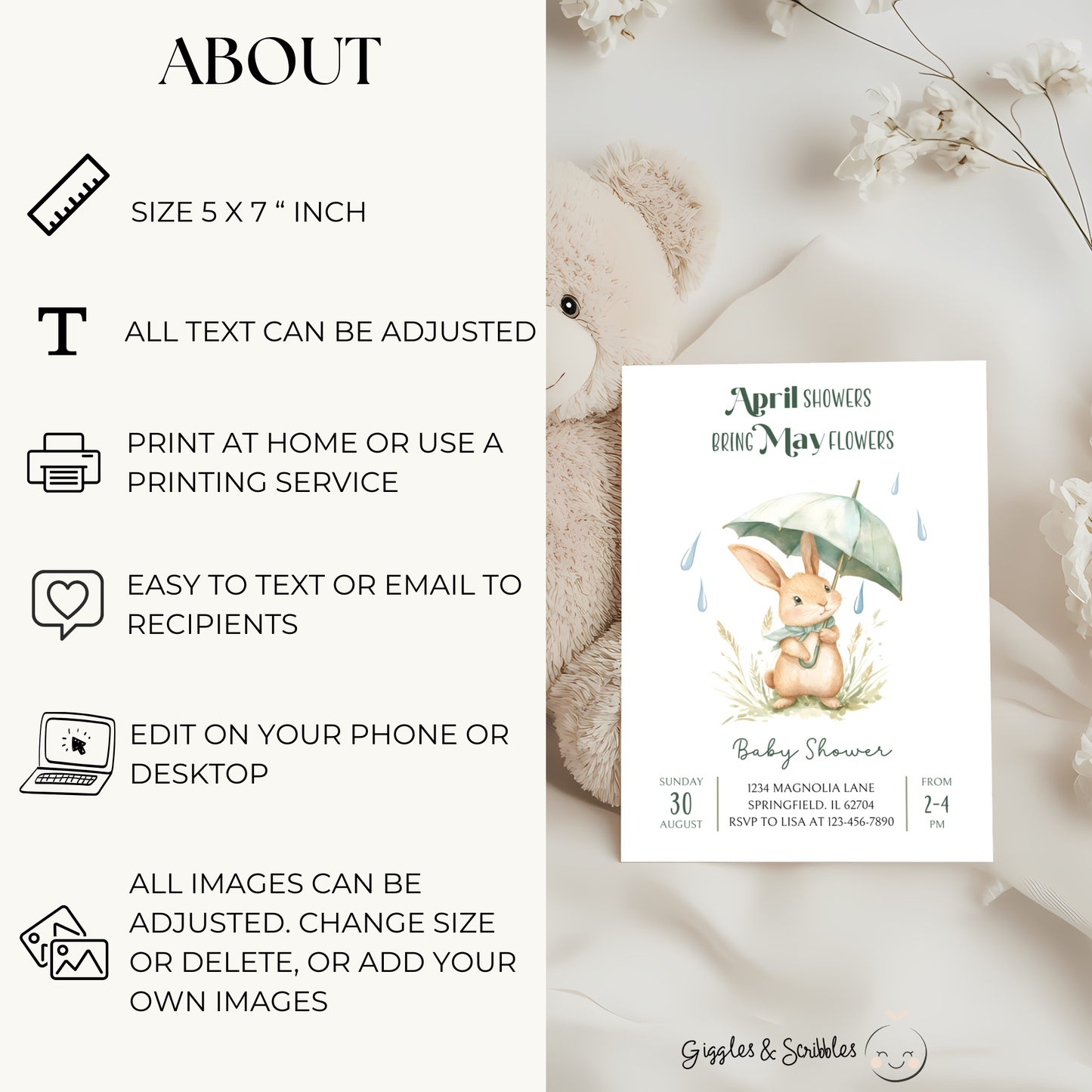 Baby Shower Invitation - April Showers Bring May Flowers with Bunny BS66