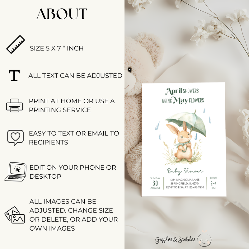 Baby Shower Invitation - April Showers Bring May Flowers with Bunny BS66