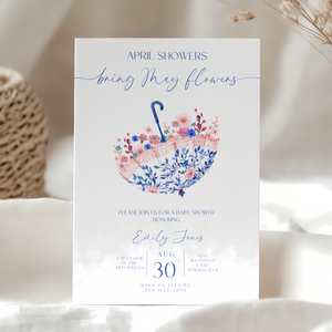 Baby Shower Invitation - April Showers Bring May Flowers Blue Pink Umbrella BS74