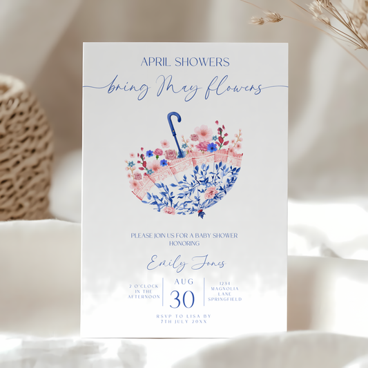 Baby Shower Invitation - April Showers Bring May Flowers Blue Pink Umbrella BS74