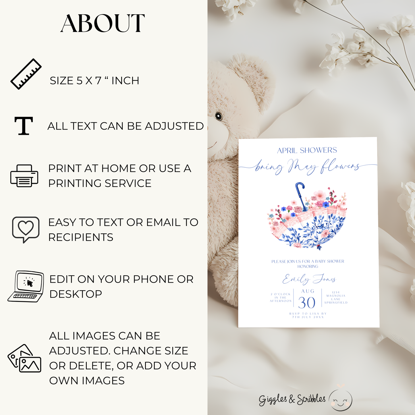 Baby Shower Invitation - April Showers Bring May Flowers Blue Pink Umbrella BS74