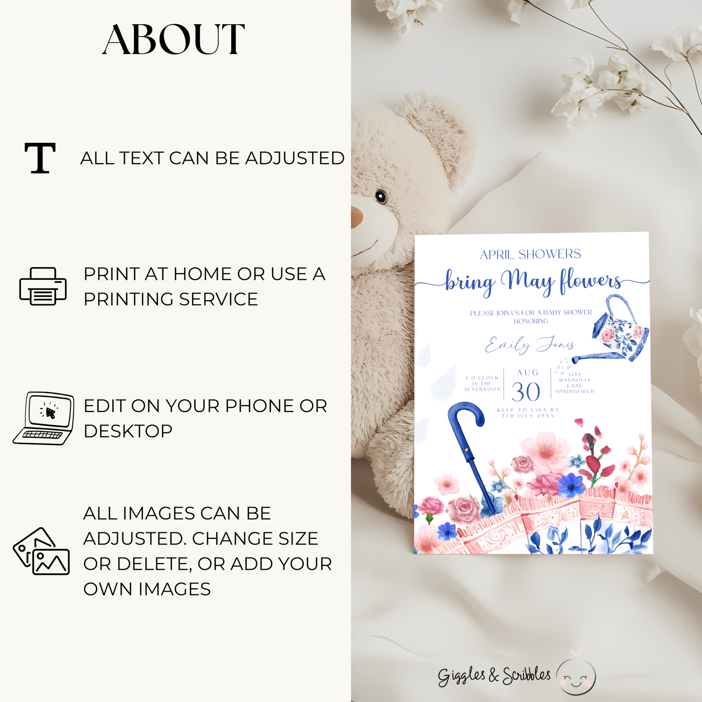 Baby Shower Invitation Bundle - April Showers Bring May Flowers Pink Blue Chinoiserie Umbrella BS74