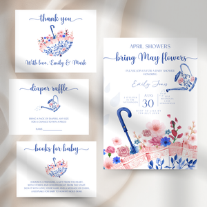 Baby Shower Invitation Bundle - April Showers Bring May Flowers Pink Blue Chinoiserie Umbrella BS74