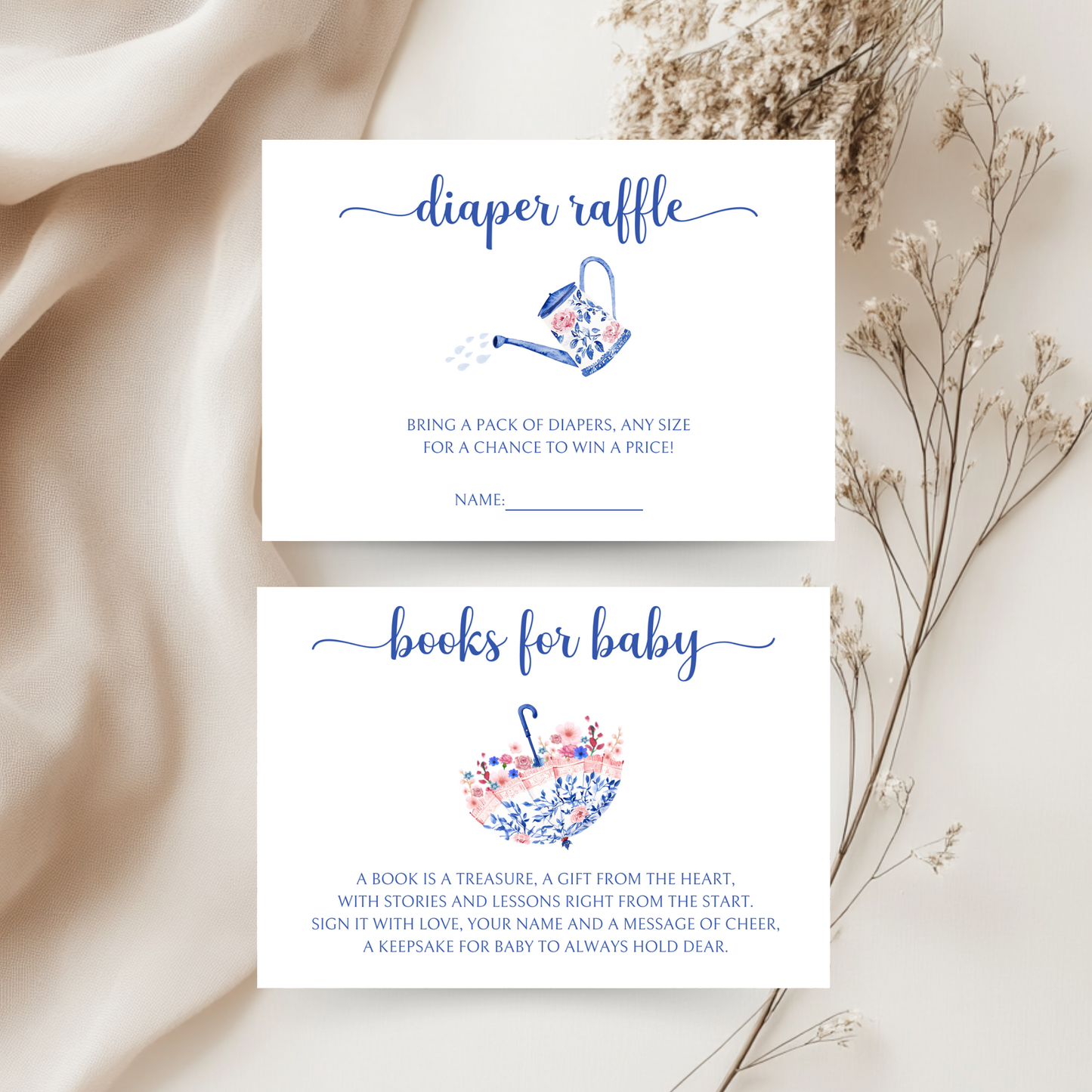 Baby Shower Invitation Bundle - April Showers Bring May Flowers Pink Blue Chinoiserie Umbrella BS74