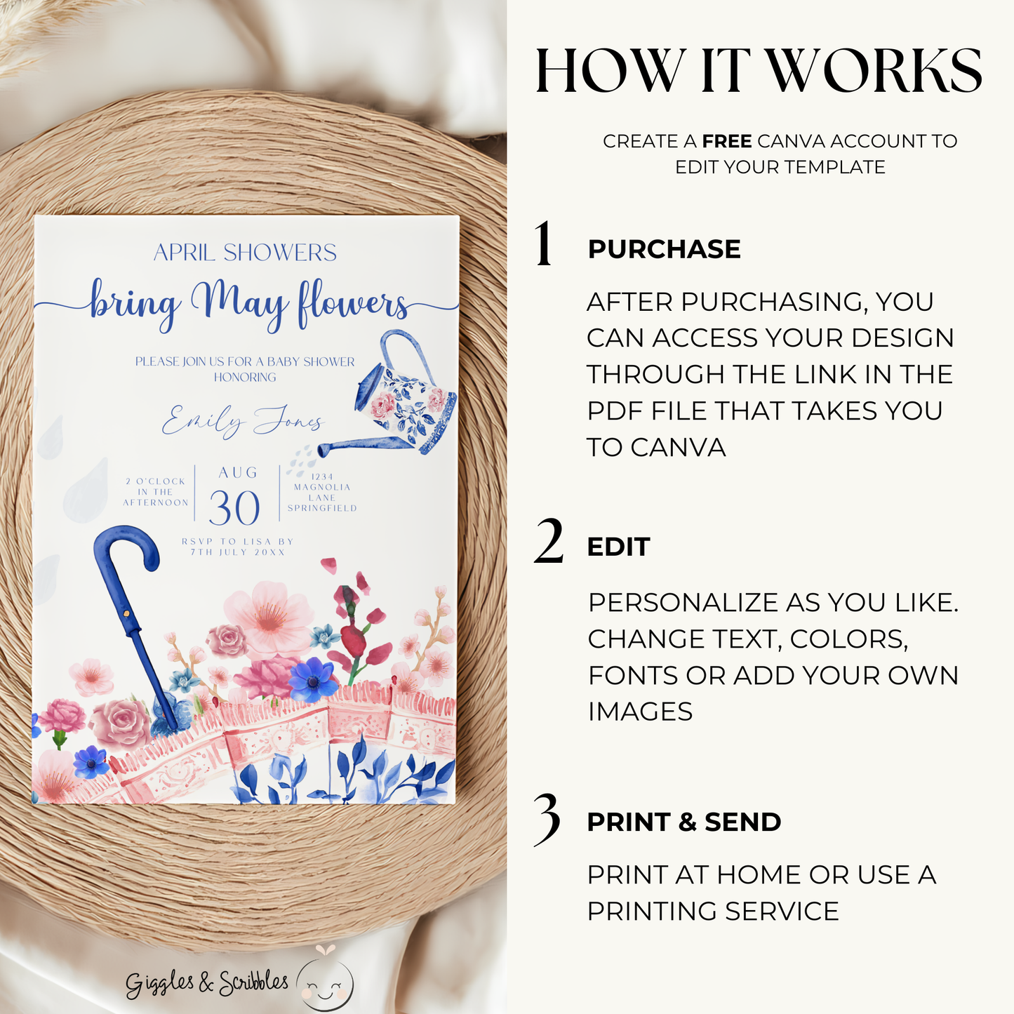 Baby Shower Invitation Bundle - April Showers Bring May Flowers Pink Blue Chinoiserie Umbrella BS74