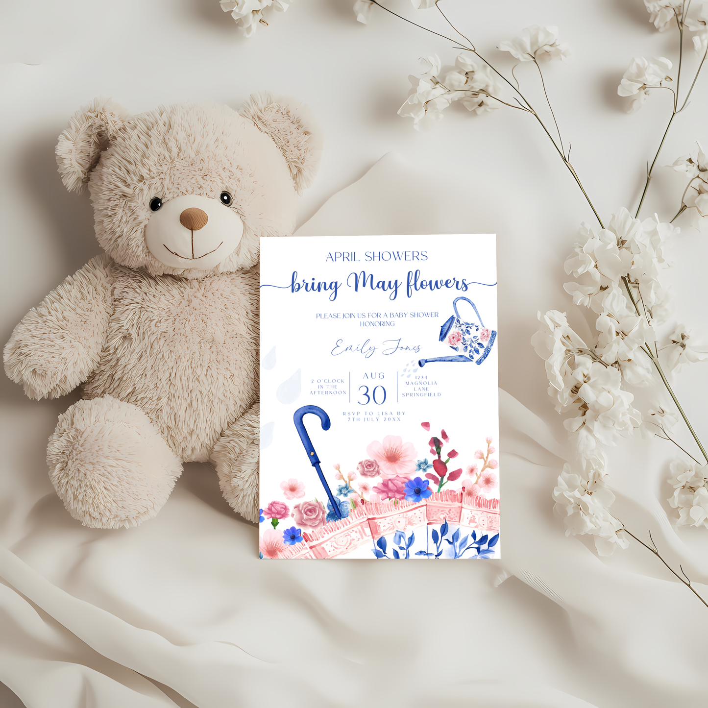 Baby Shower Invitation - April Showers Bring May Flowers Blue Pink Chinoiserie Umbrella BS74