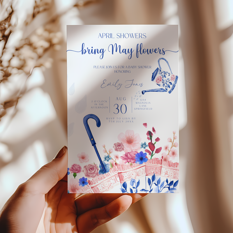 Baby Shower Invitation - April Showers Bring May Flowers Blue Pink Chinoiserie Umbrella BS74