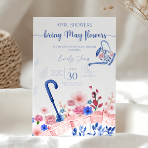 Baby Shower Invitation - April Showers Bring May Flowers Blue Pink Chinoiserie Umbrella BS74