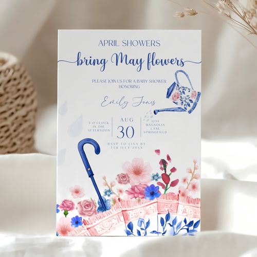 Baby Shower Invitation - April Showers Bring May Flowers Blue Pink Chinoiserie Umbrella BS74