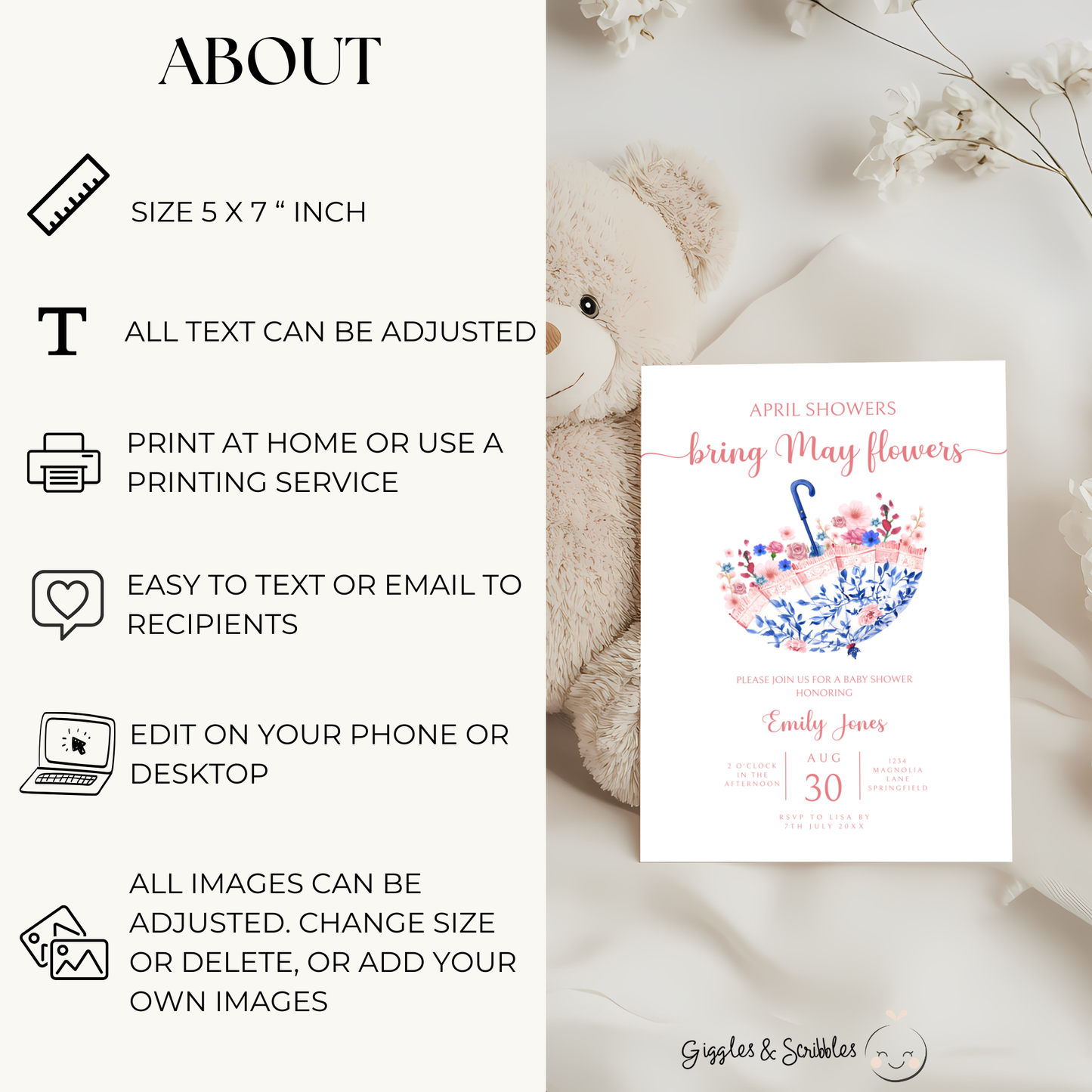 Baby Shower Invitation - April Showers Bring May Flowers Chinoiserie Umbrella BS74
