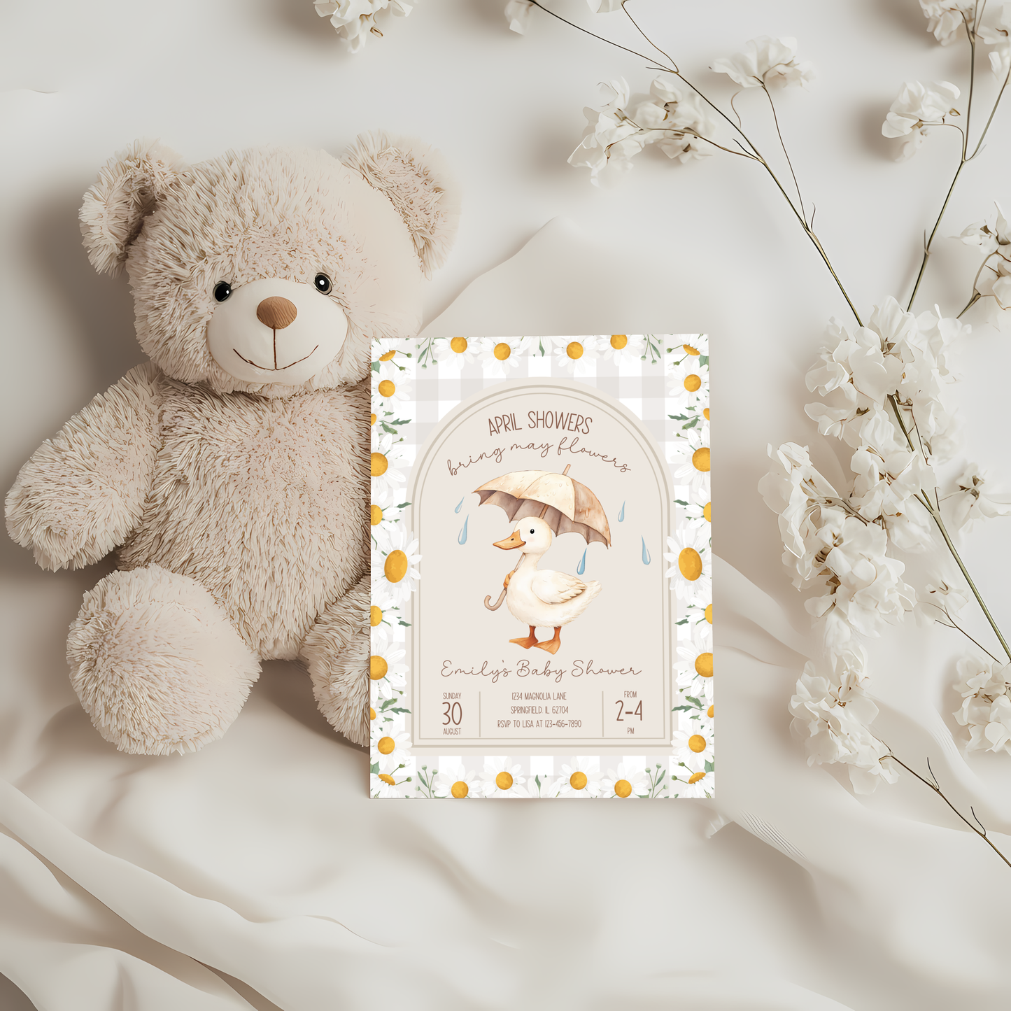 Baby Shower Invitation - Goose April Showers Bring May Flowers Neutral Beige Daisies