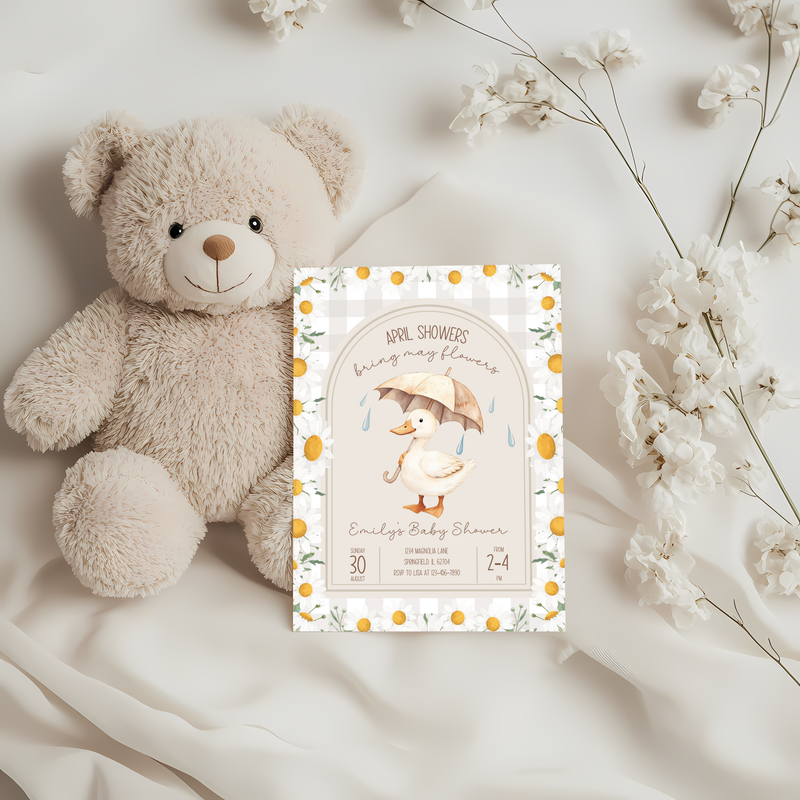 Baby Shower Invitation - Goose April Showers Bring May Flowers Neutral Beige Daisies