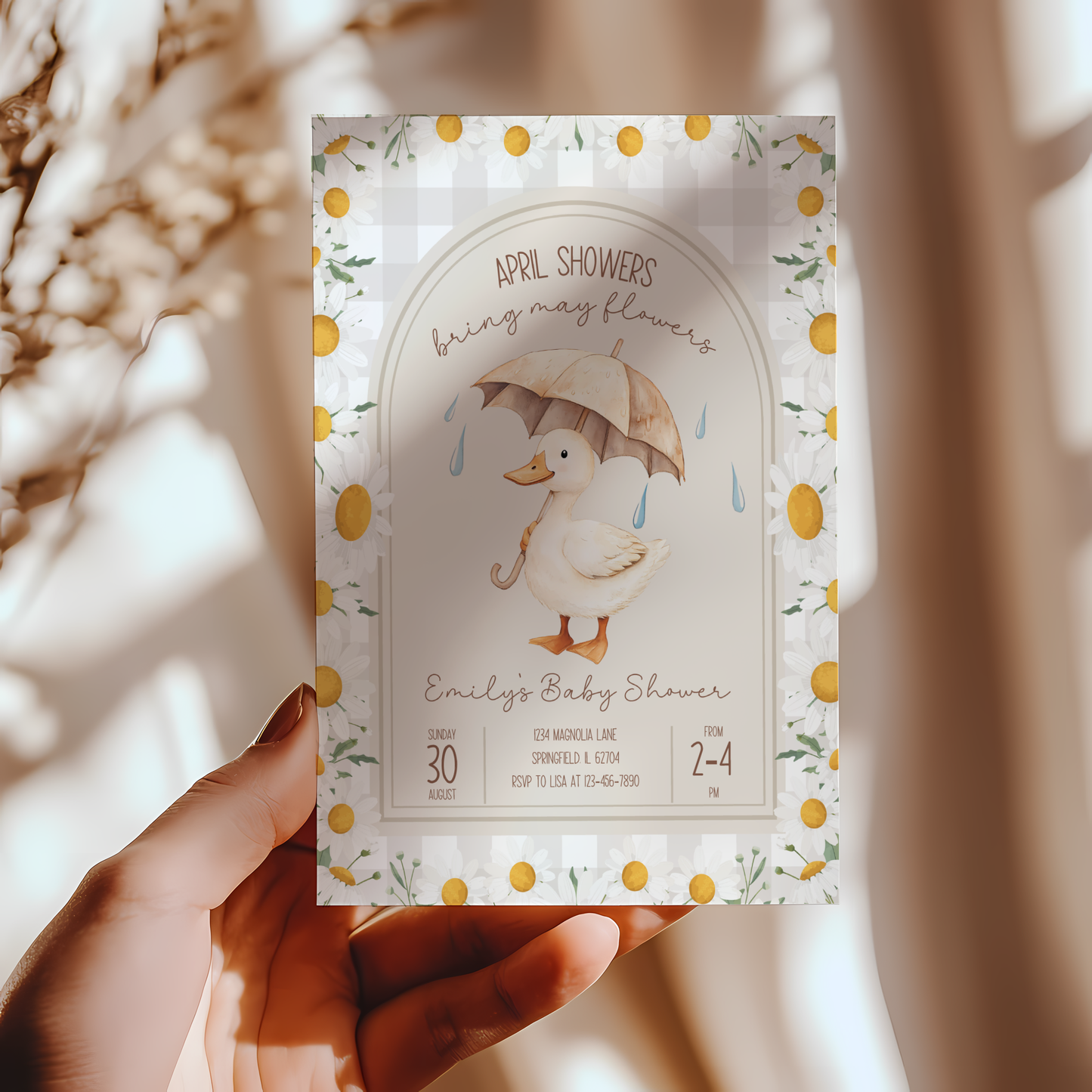 Baby Shower Invitation - Goose April Showers Bring May Flowers Neutral Beige Daisies