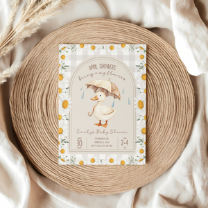 Baby Shower Invitation - Goose April Showers Bring May Flowers Neutral Beige Daisies