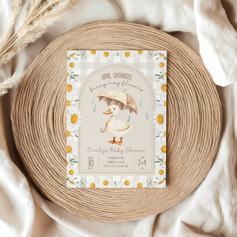 Baby Shower Invitation - Goose April Showers Bring May Flowers Neutral Beige Daisies