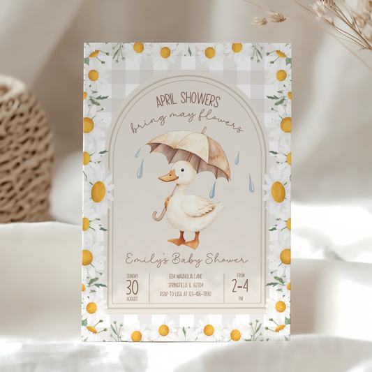 Baby Shower Invitation - Goose April Showers Bring May Flowers Neutral Beige Daisies