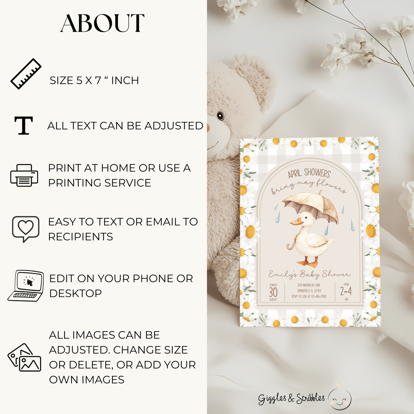 Baby Shower Invitation - Goose April Showers Bring May Flowers Neutral Beige Daisies