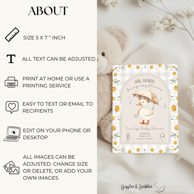 Baby Shower Invitation - Goose April Showers Bring May Flowers Neutral Beige Daisies