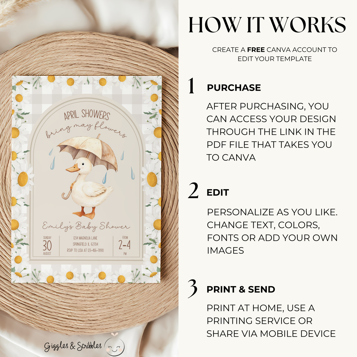 Baby Shower Invitation - Goose April Showers Bring May Flowers Neutral Beige Daisies
